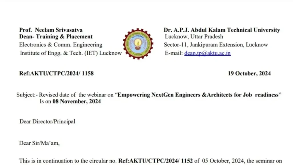 AKTU Revised Date Of Webinar Notice 