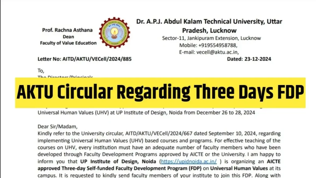 AKTU Circular Regarding Three Days FDP