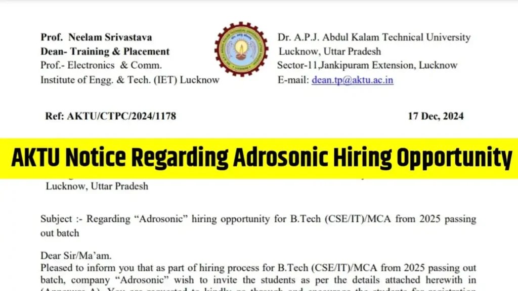 AKTU Notice Regarding Adrosonic Hiring Opportunity