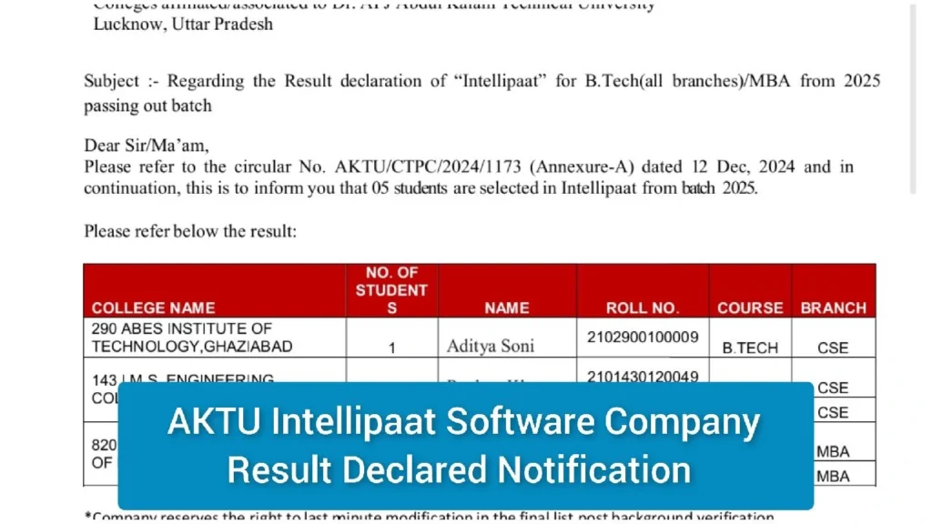 AKTU Intellipaat Software Company Result Declared Notification