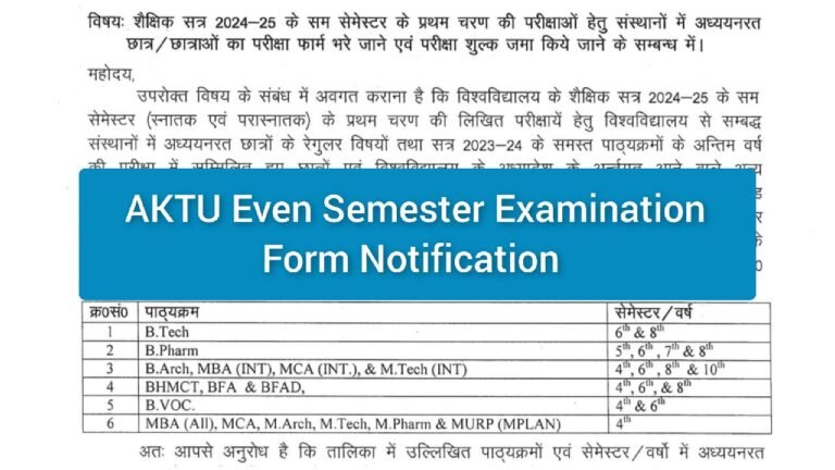 AKTU Even Semester Examination Form Notification